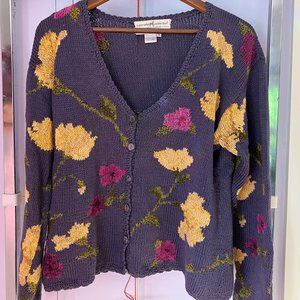 Purple Floral Vintage Peruvian Connection Cardigan Pima Cotton Sweater Medium